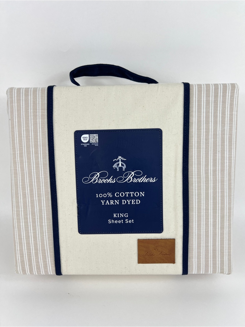 Brooks Brothers King Sheet Set Cream & White Stripe 100% Cotton 4 Pc NEW